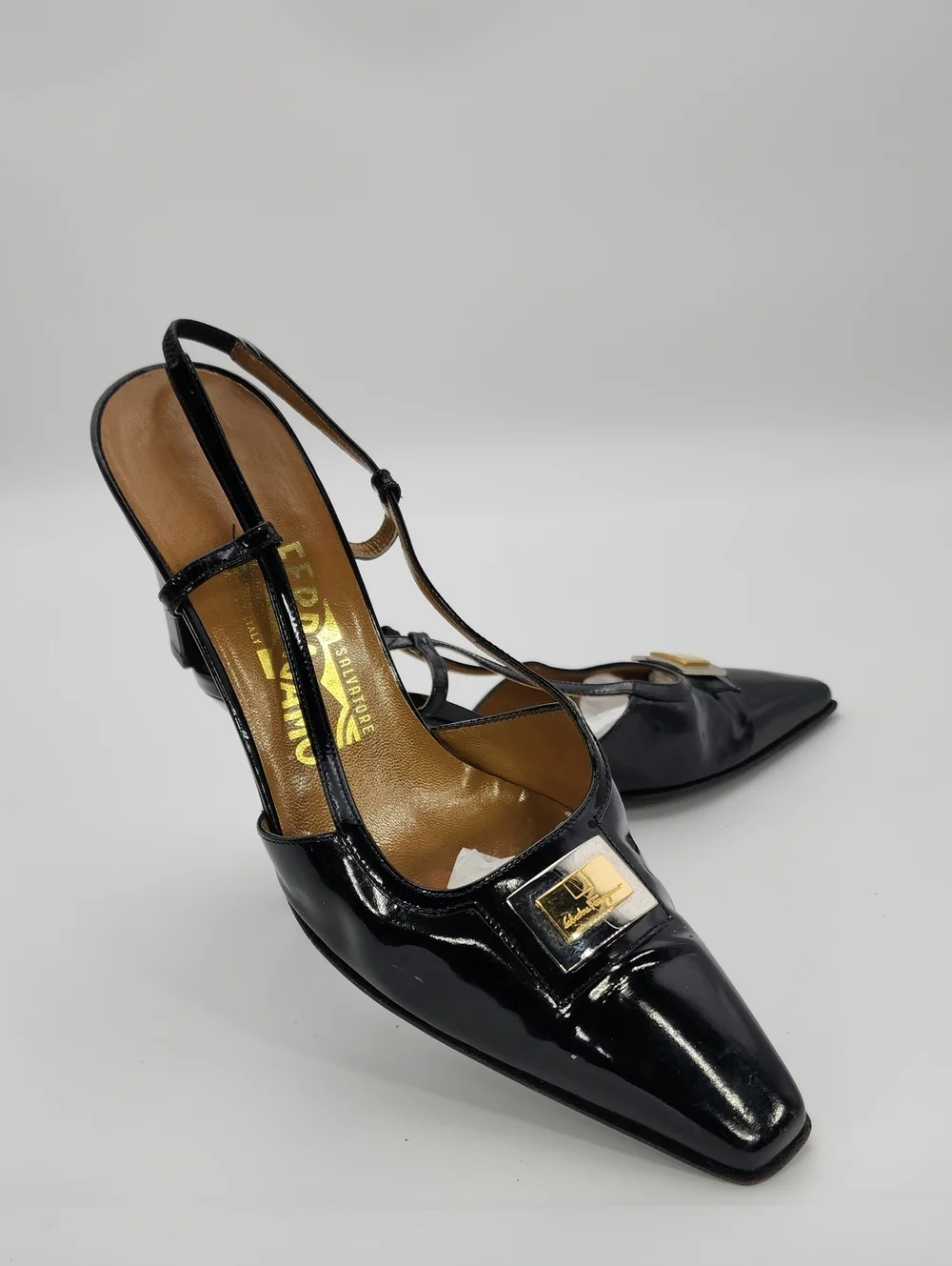 Vintage Salvatore Ferragamo Black Patent Leather Slingback Pumps Square Toe 9 C